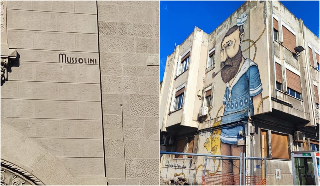 La scritta Mussolini su un palazzo liberty e la street art con il persnaggio Lillo il marinaio a Messina