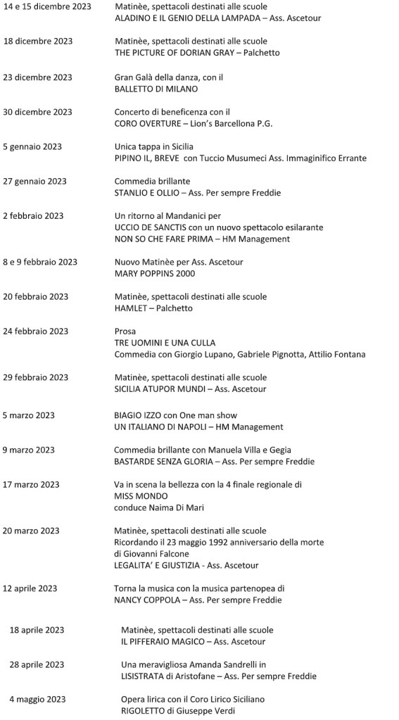 Programma eventi teatro mandanici barcellona pozzo di gotto
