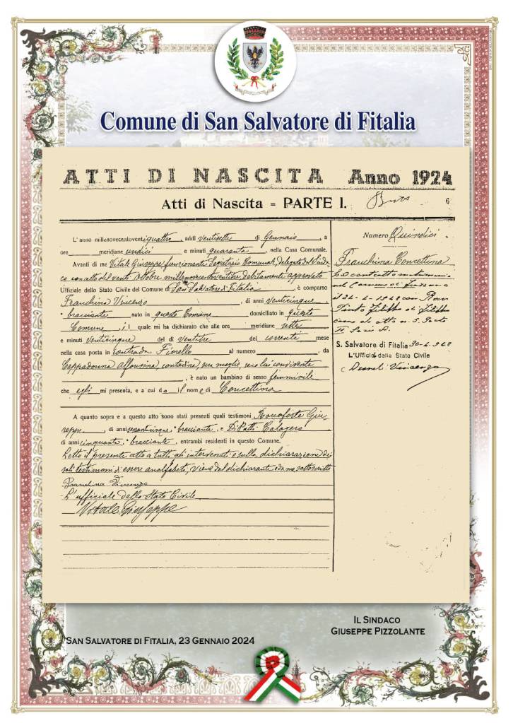 atto di nascita rosa calcò san salvatore 103 anni