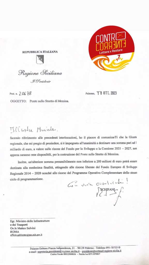 La Regione siciliana per il ponte, la lettera di Schifani