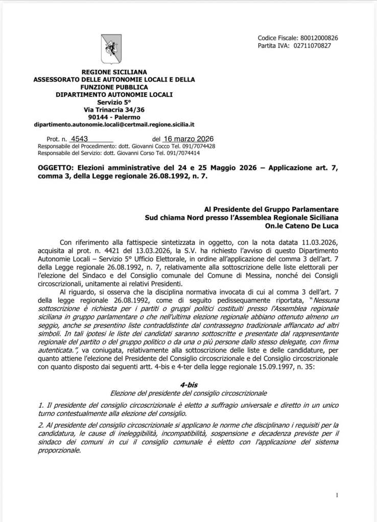 Parere assessorato regionale sul caso firme a Messina