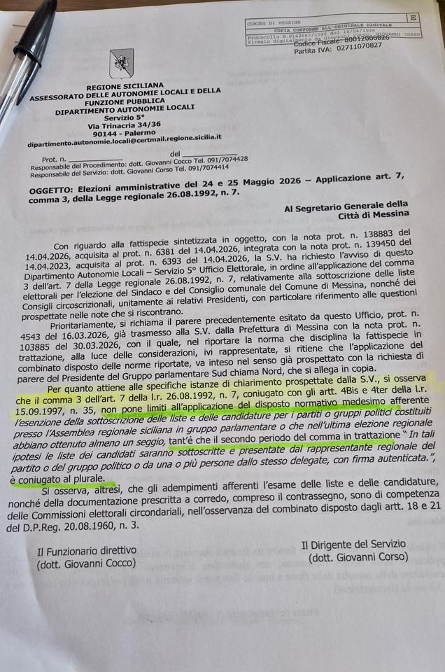 Parere assessorato regionale sul caso firme a Messina